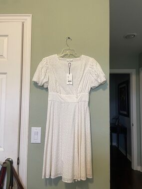 White Eyelet V-Neck Midi Dress with Puff Sleeves